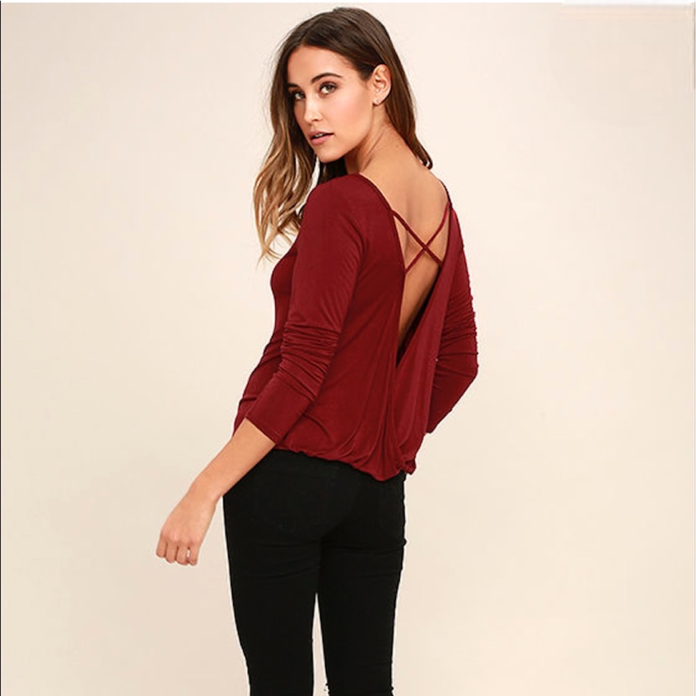 Lulu’s In A Day Burgundy Backless Long Sleeve Top Sz S